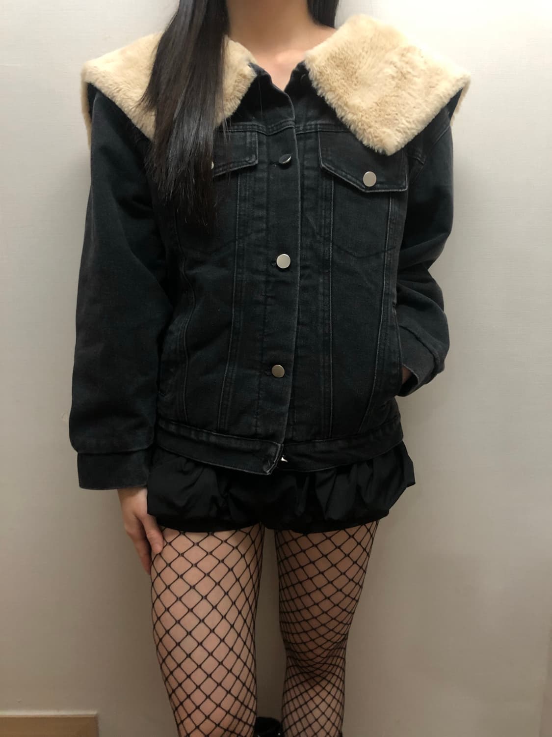 빈티지 블랙 데님 퍼 카라 자켓 상품이미지7