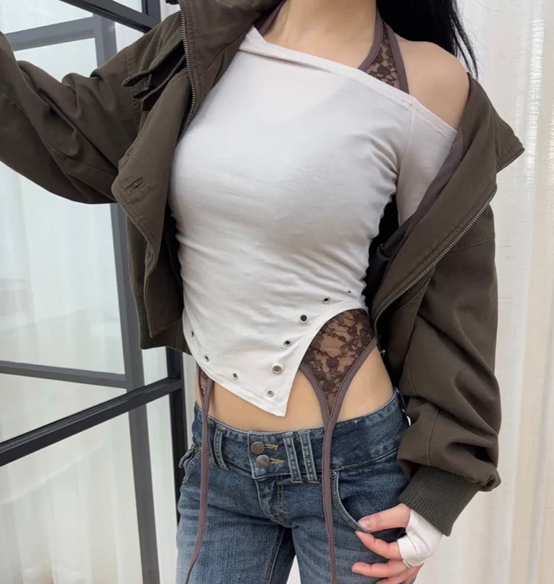 플리즈노팔로우 언발 셔링 티셔츠 + 가터 레이스 홀터 나시  상품이미지1