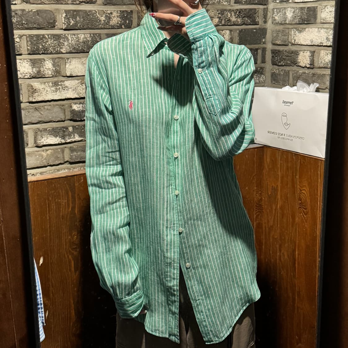 XS) 폴로 랄프로렌 클래식 그린 스트라이프 린넨 셔츠 상품이미지7