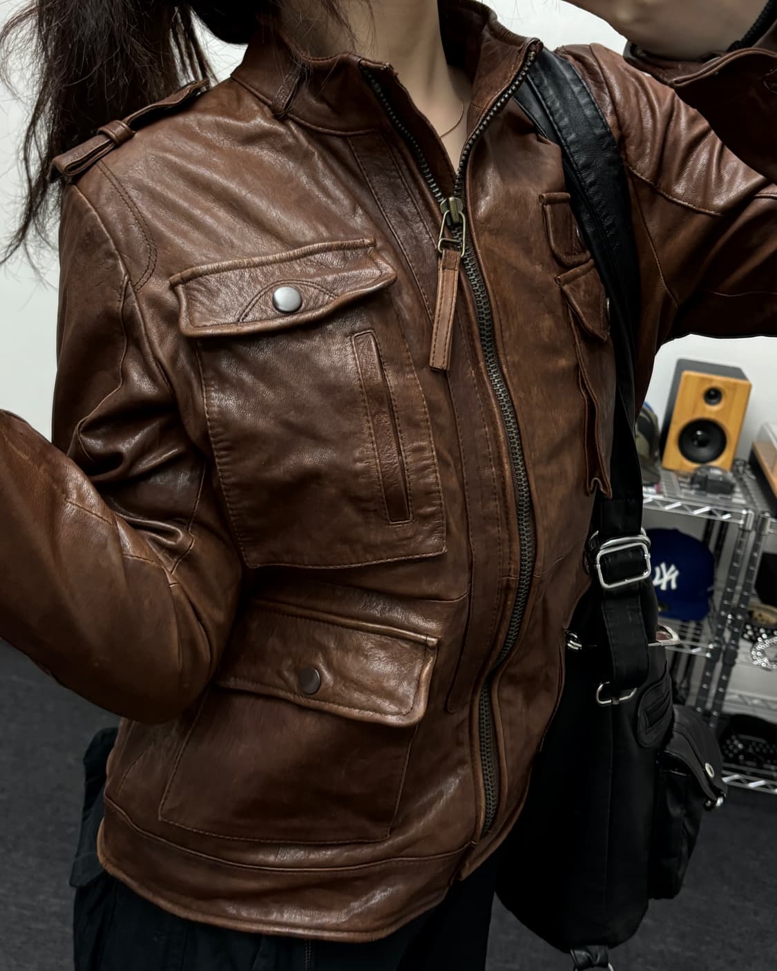 올드 빈티지 멀티 포켓 브라운 레더 자켓 상품이미지1