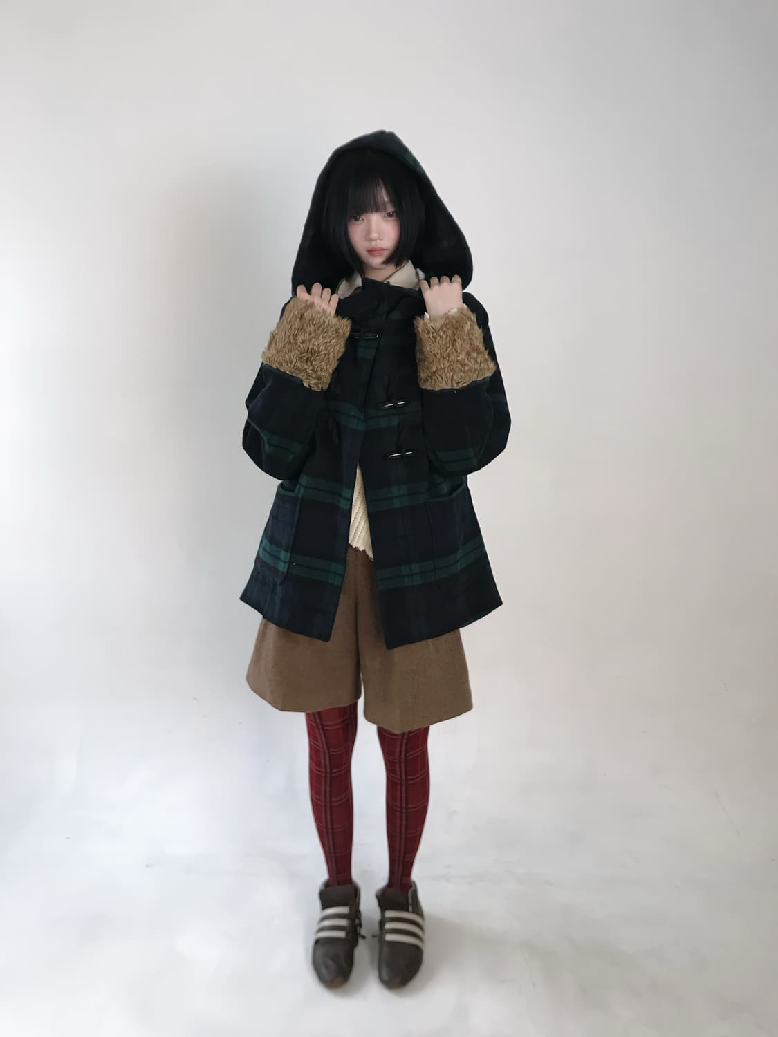 Green-check fur sleeve duffel coat 상품이미지1