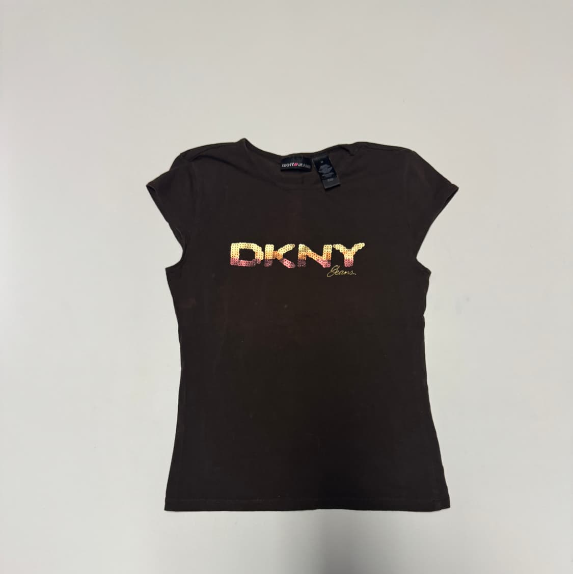 여성 DKNY 스펠아웃 스판 혼방 스팽글 티셔츠 코코아 xs 상품이미지1