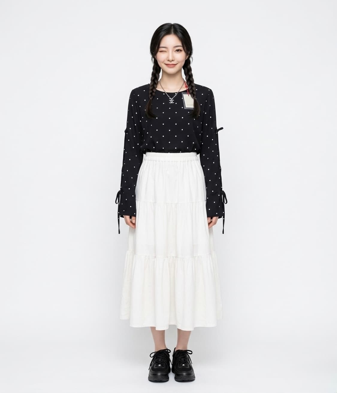 새상품) 검정 도트 리본 블라우스 상품이미지1