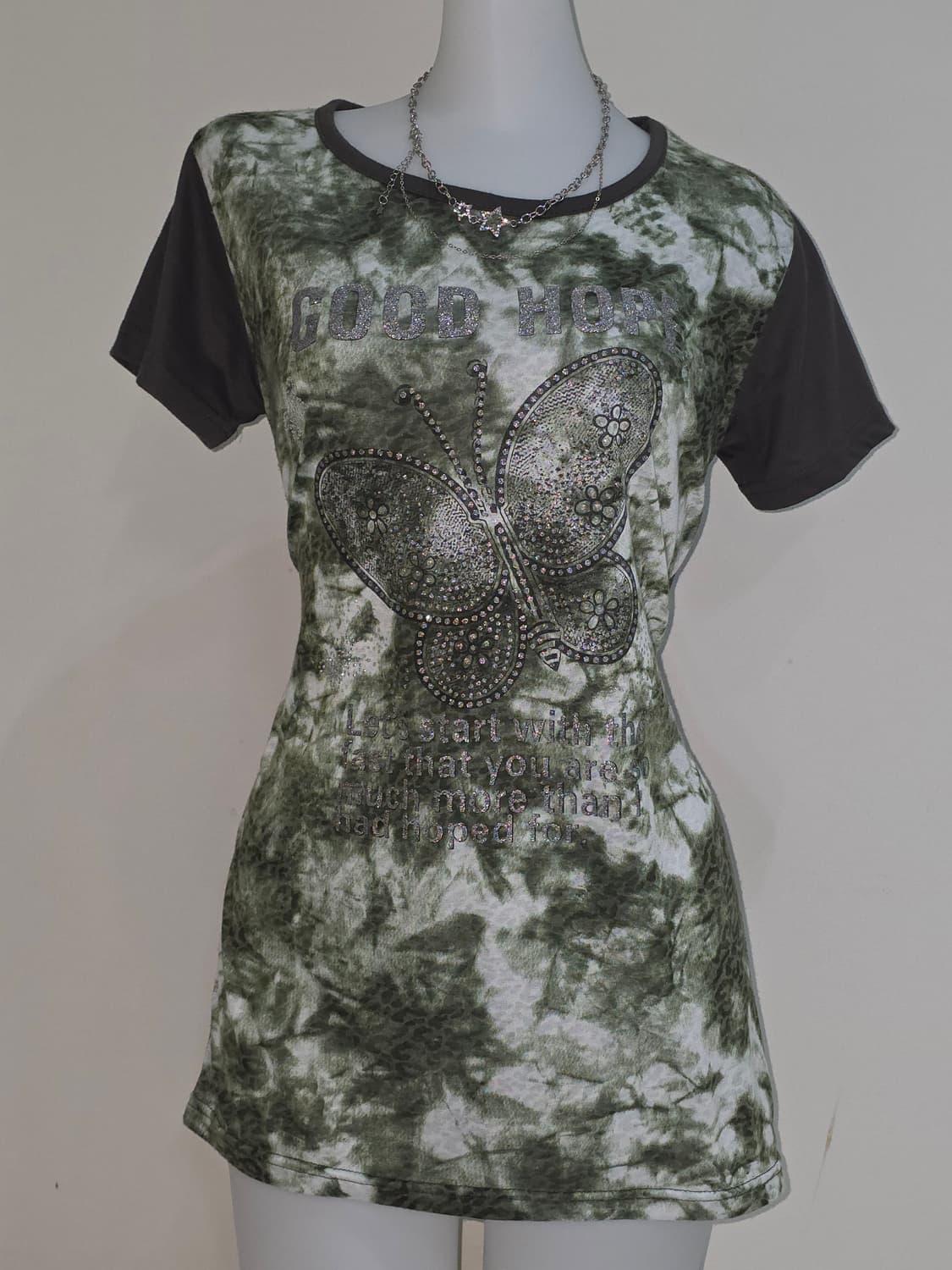 빈티지)y2k고스 카키 레오파드 오네갸루 버터플라이 큐빅 호피반팔티셔츠 상품이미지3