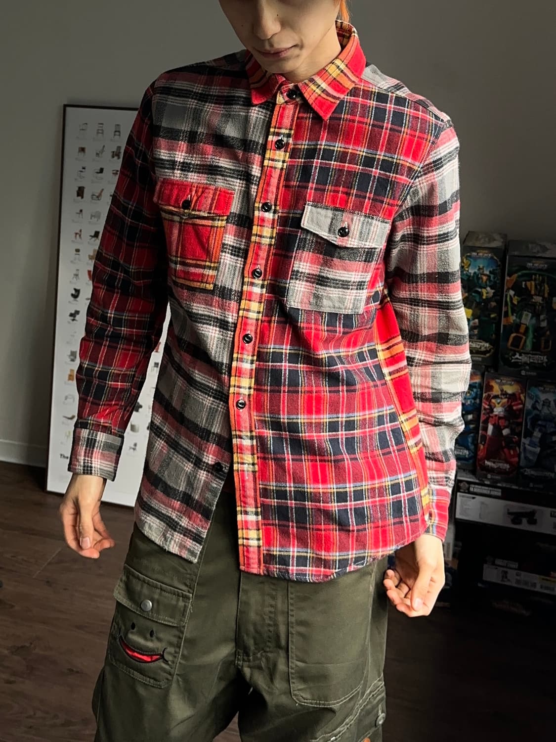 Beams 하프 앤 하프 플레이드 체크 셔 상품이미지4