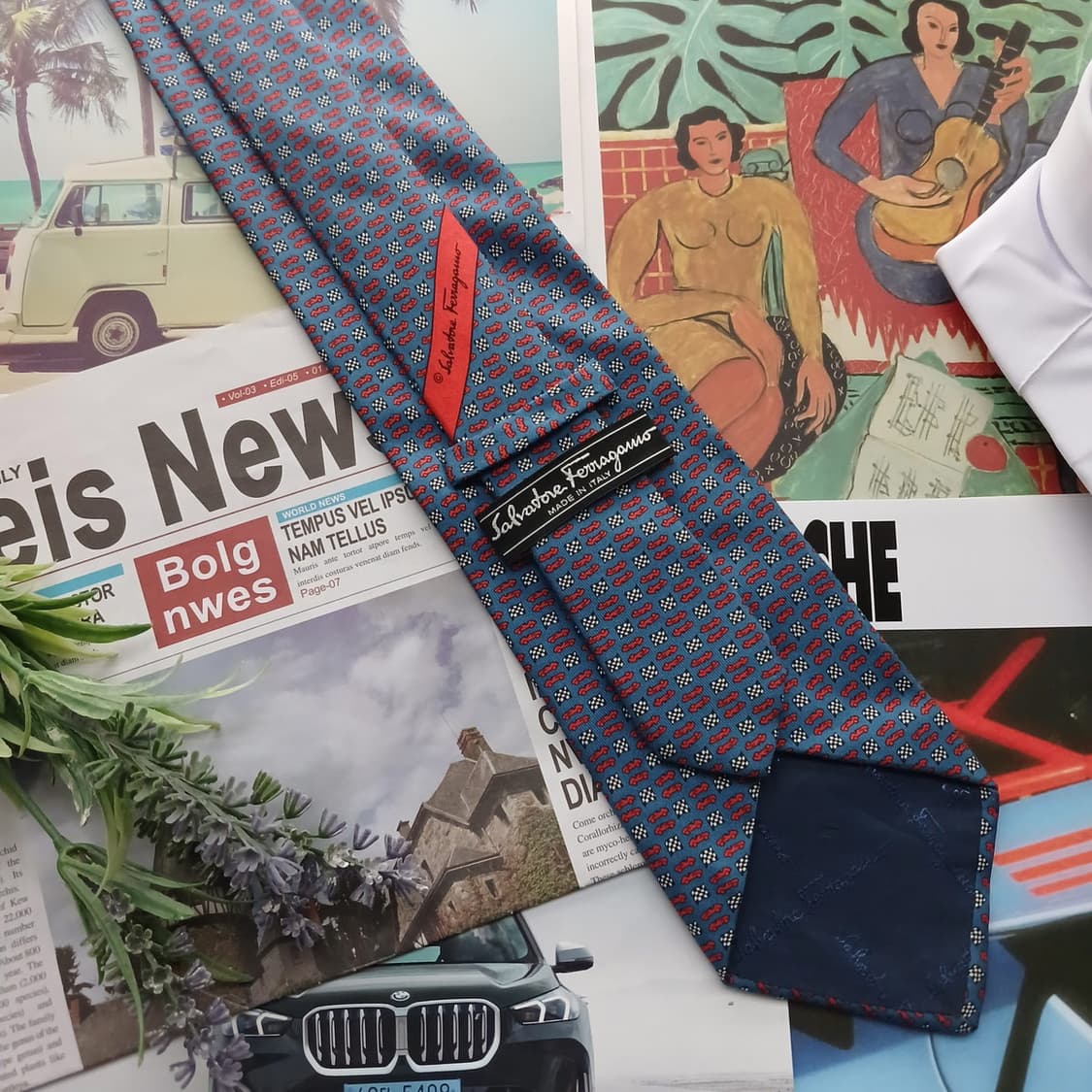 페라가모 실크 블루 체커보드 패턴 넥타이 9.9cm B등급 A18525
 상품이미지3