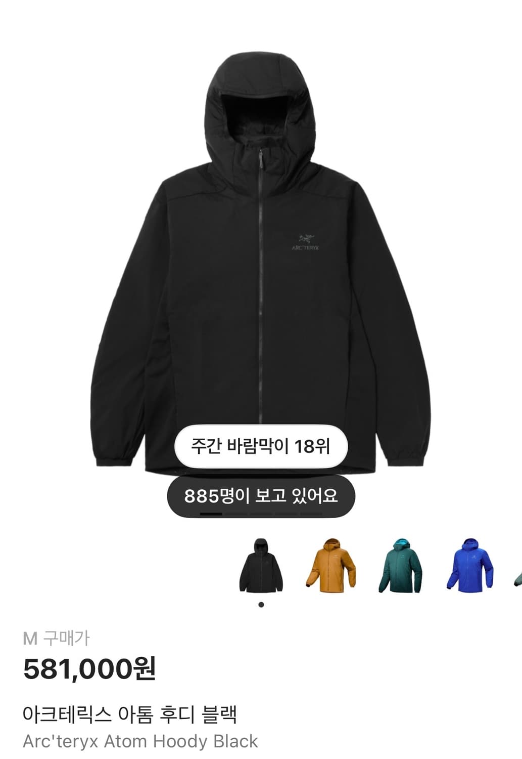 아크테릭스 아톰 후디 LT 블랙 M사이즈 상품이미지1