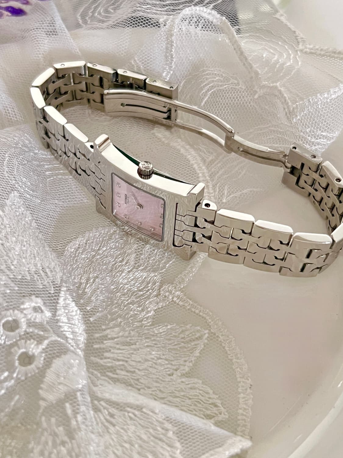 HERMES 에르메스 12p 다이아 핑크 쉘 H 아워 시계 상품이미지7