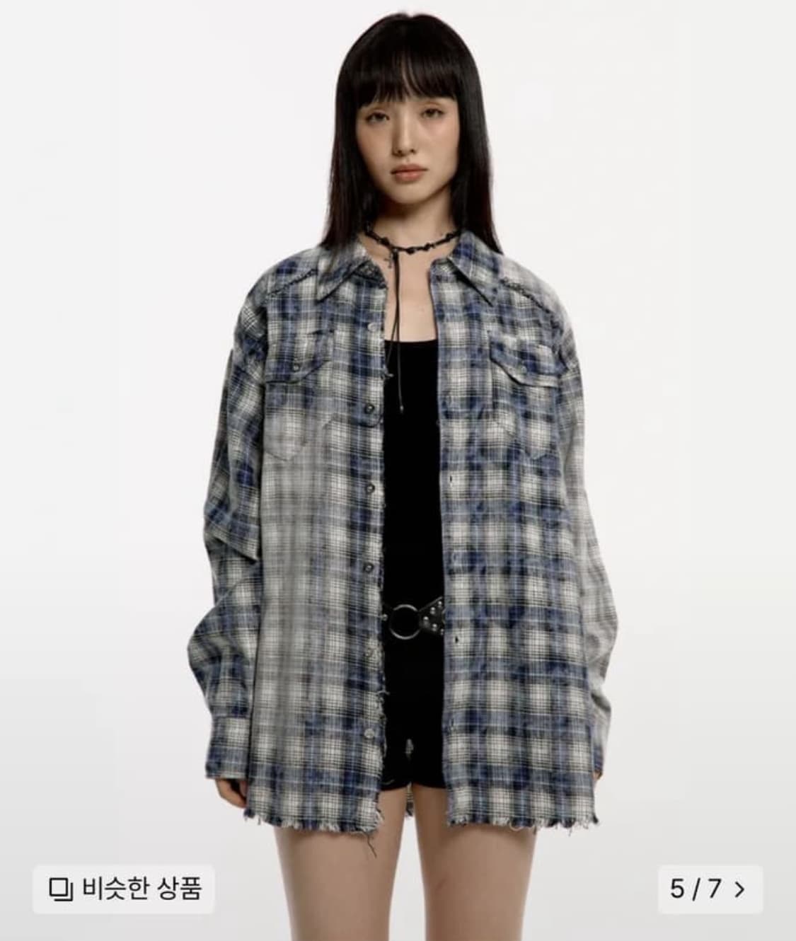러프넥 워싱체크셔츠 블루 상품이미지1