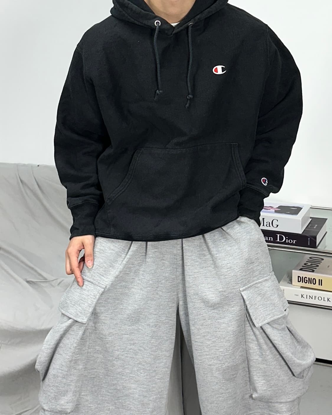 챔피온 자수로고 블랙 후드티 L 상품이미지2