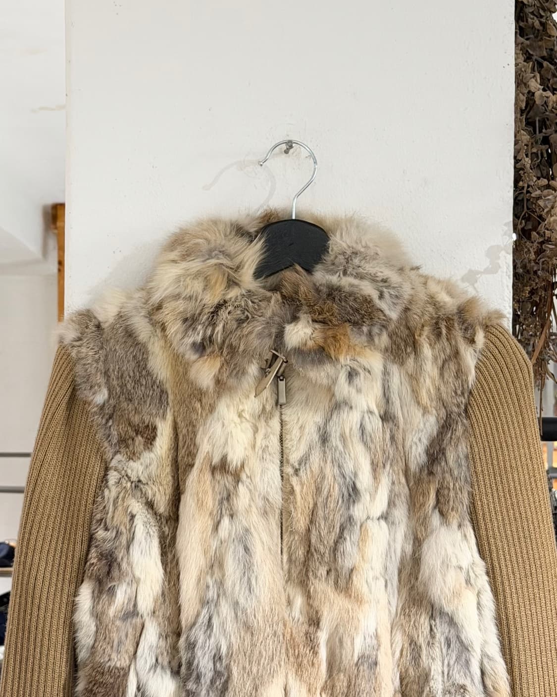 빈티지 런딥 베이지 래빗퍼 하이넥 벨티드 집업 자켓 상품이미지4