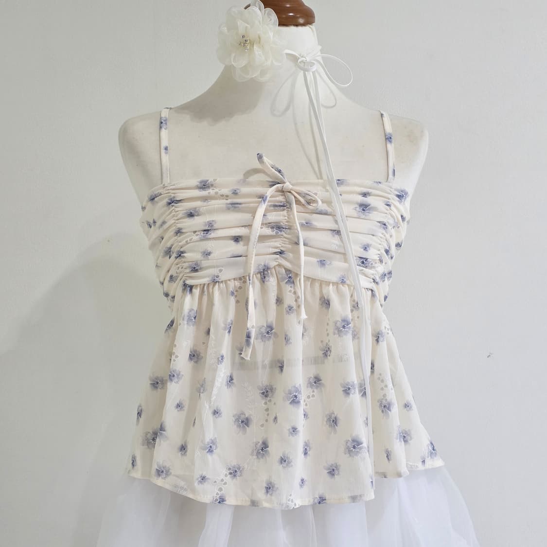 빈티지) 블루 플로랄 모리걸st 쉬폰 셔링 끈나시 슬리브리스 상품이미지2