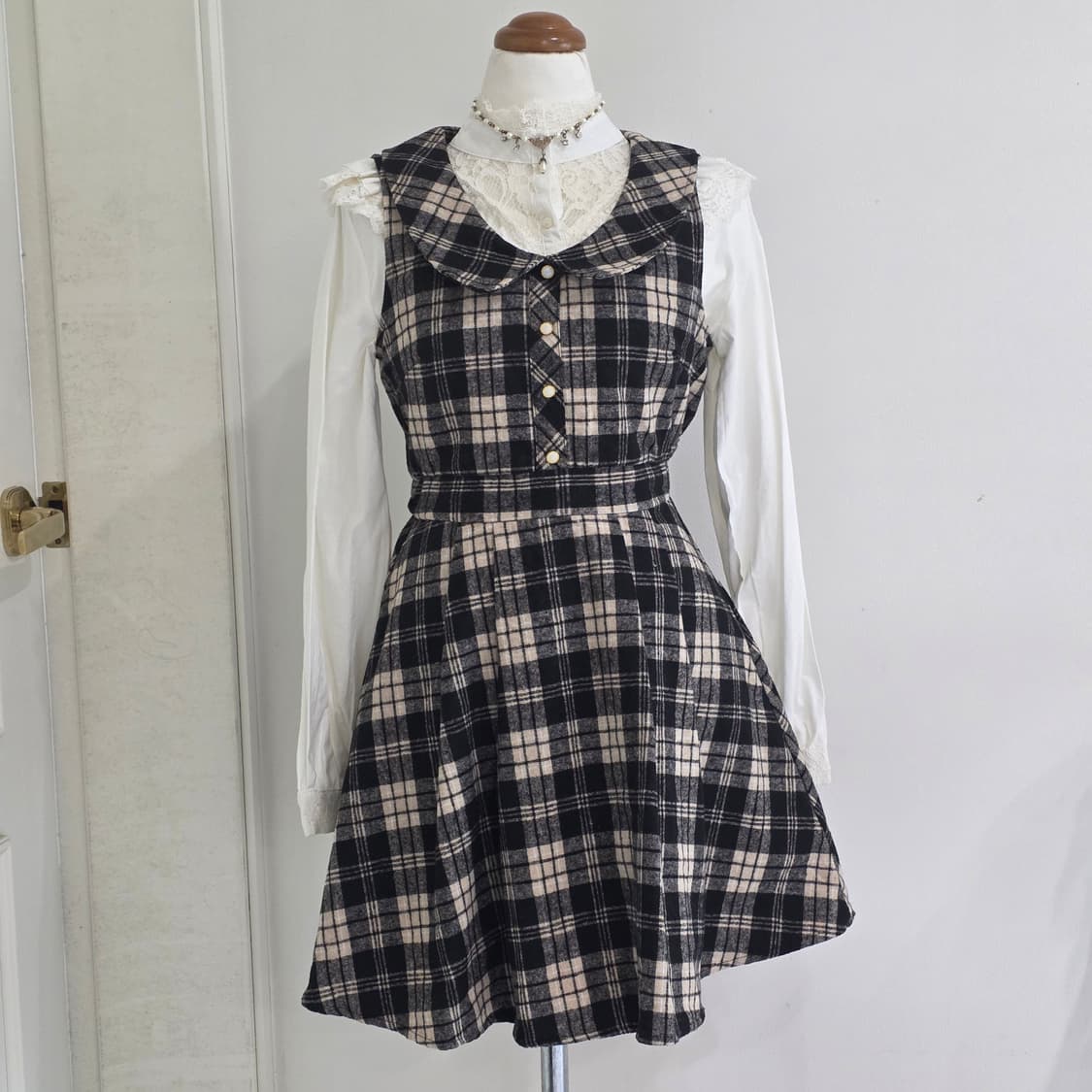 일본빈티지)초코라떼히메갸루st 양산형지뢰계체크 리즈리사깔 민소매니트원피스 상품이미지1