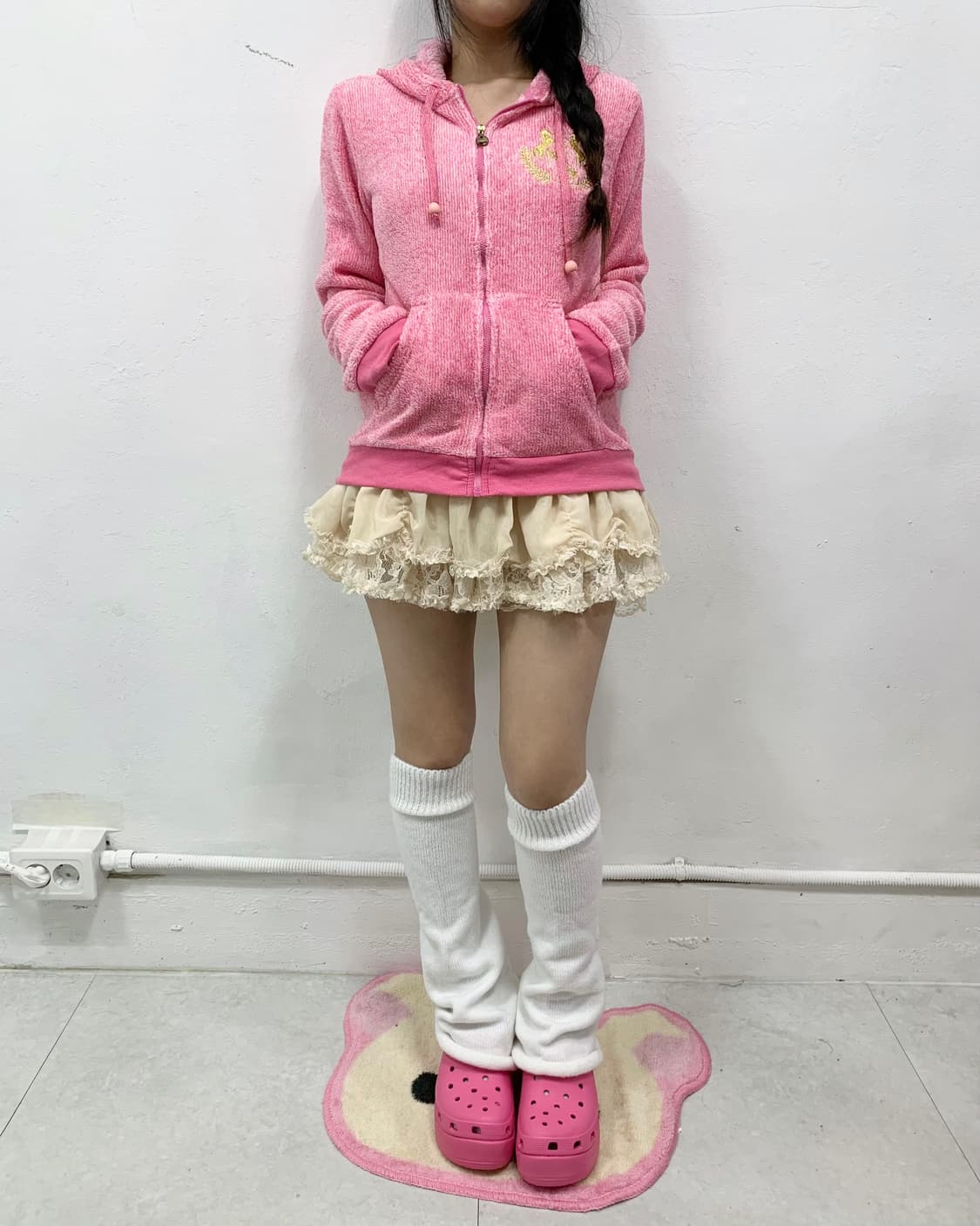 [SUNBLAZE] 갸루 핑크 리본 폭닥 후드집업 상품이미지2