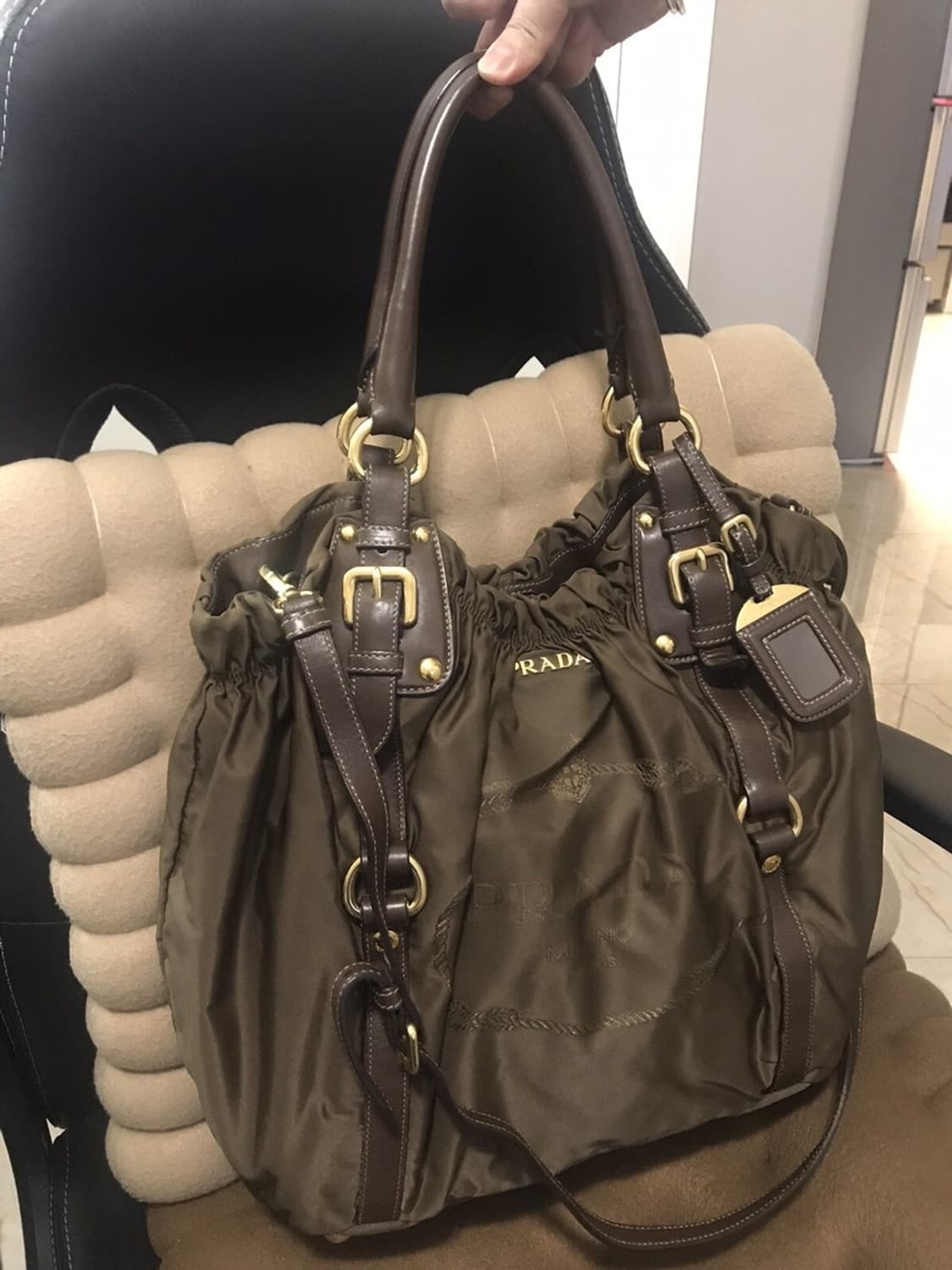 프라다 테수토 나일론 브라운 레더 트림 투웨이 핸드백, 숄더백 상품이미지1