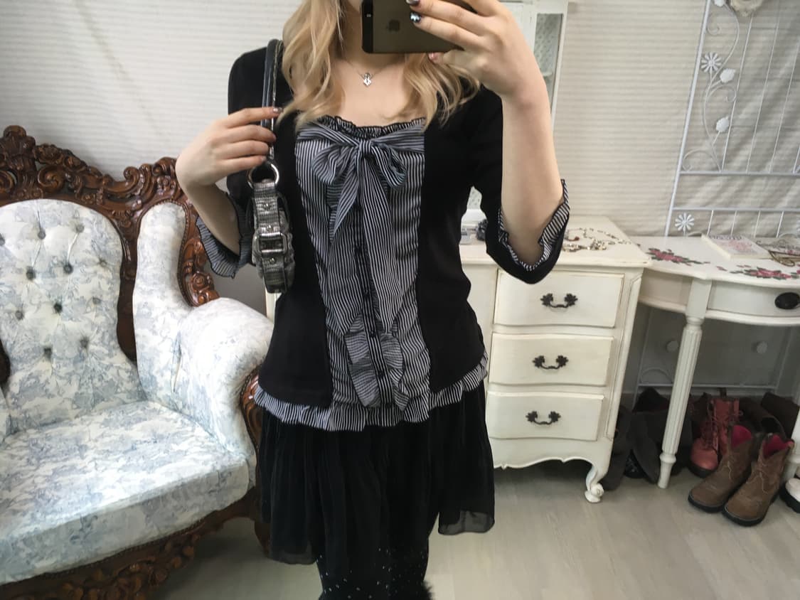 일본빈티지 로걀 러플 리본 블라우스 상품이미지2