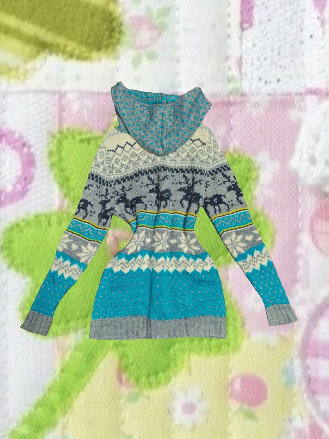 일본 빈티지 모리걸 노르딕 니트 후드 가디건 원피스 민트 빵단추 삿포로 상품이미지2