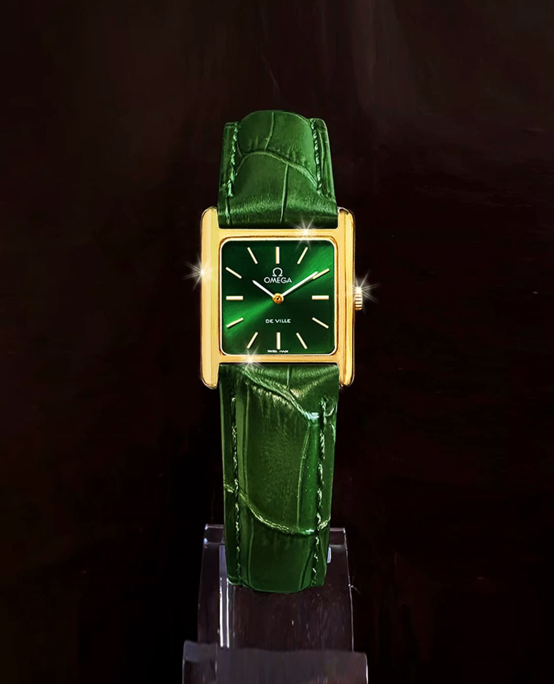 희귀 오메가 드빌 그린 선레이 18K GP 여성 가죽 수동 시계 상품이미지3