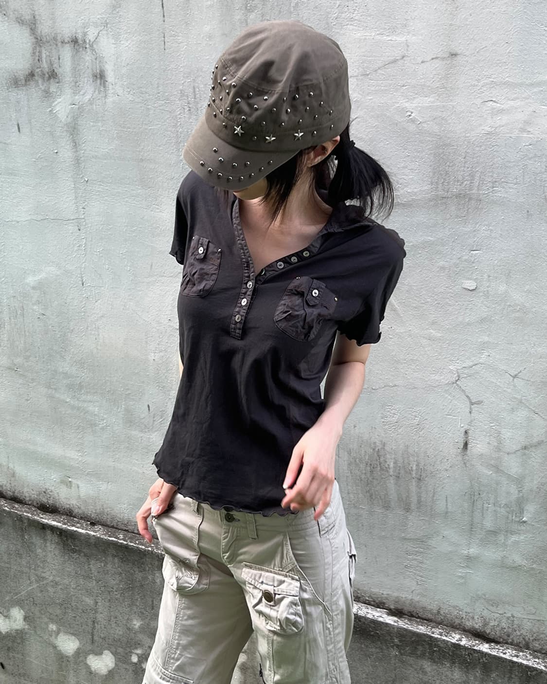 Grunge Vintage Button-Up Pocket T-shirts 상품이미지3