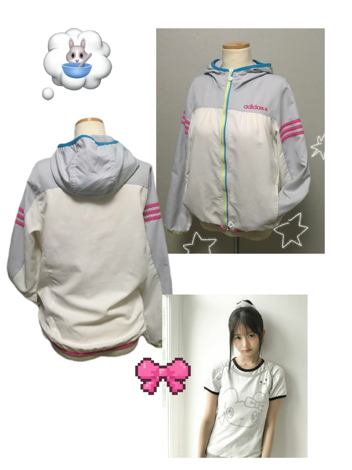 빈티지 y2k 핀터깔 솜사탕 그레이블루 핑크 아디다스 후드 바람막이 상품이미지5