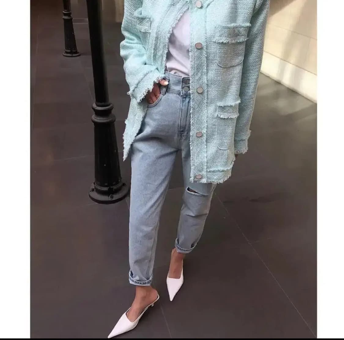 일자데님청바지팬츠찢청트임팬츠키작녀연청배기바지하이웨스트롤업바지빈티지 상품이미지5