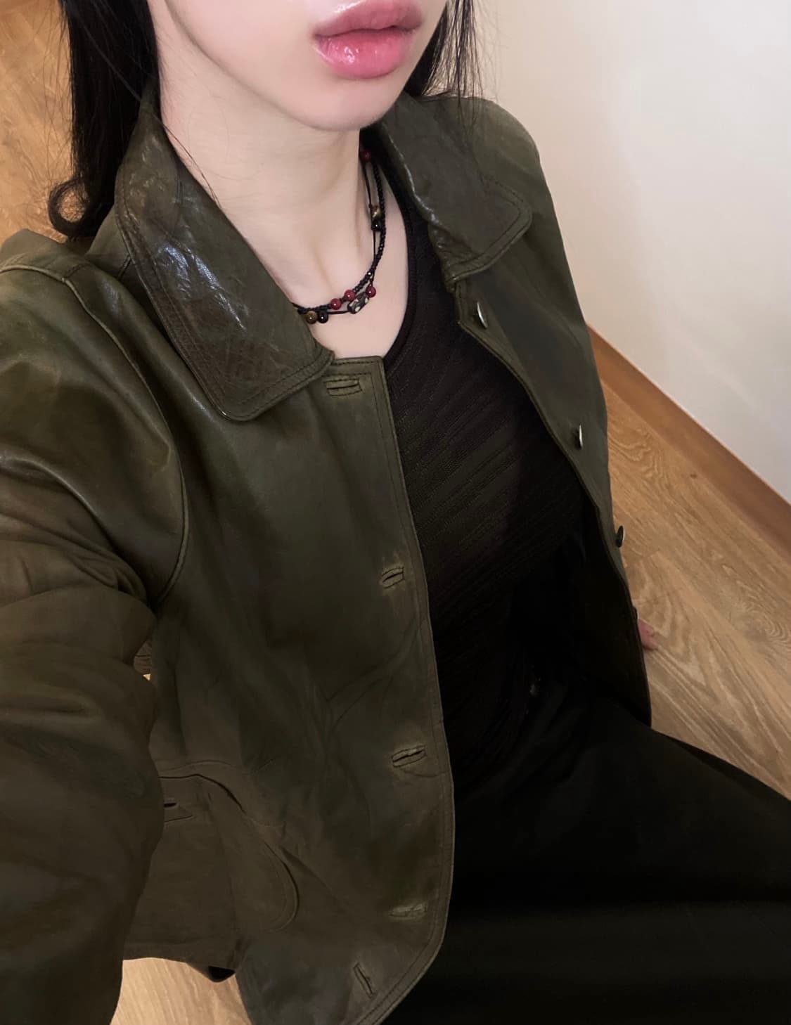 빈티지 레더 자켓 카키 상품이미지2