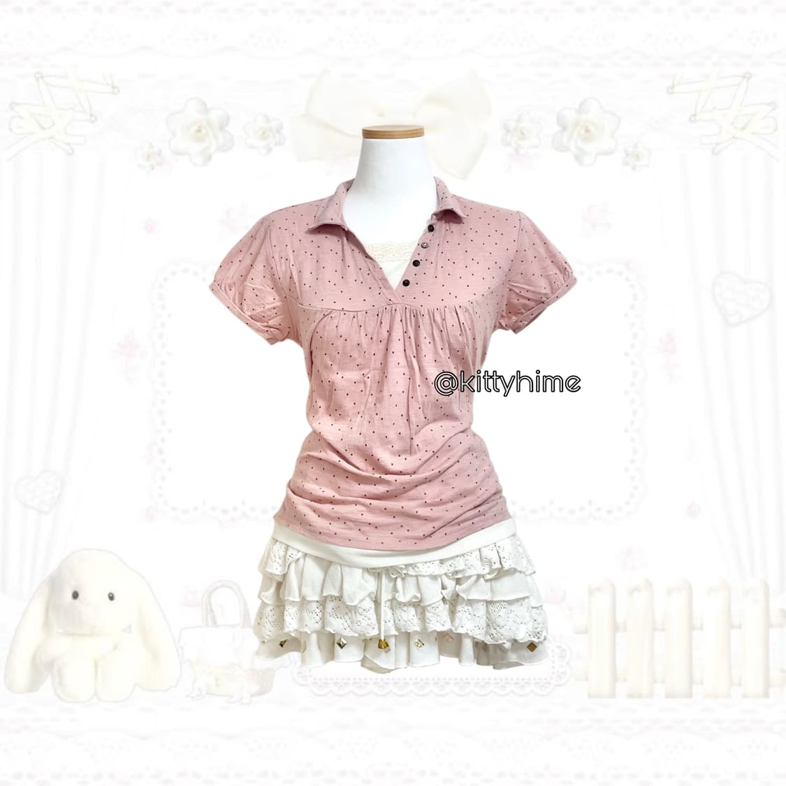 일본빈티지 너드 모리깔 핑크 도트 레어이드탑 러블리히메 도트탑 도트반팔 상품이미지1