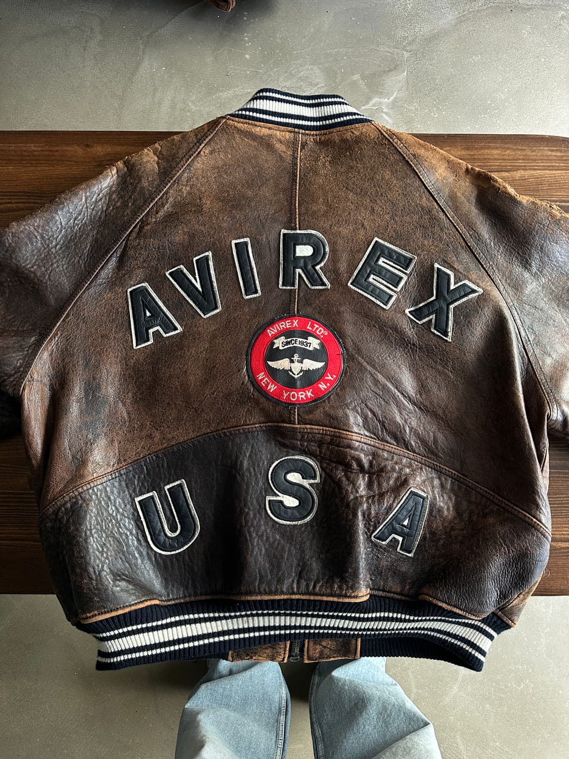 90s Avirex 아비렉스 레더 바시티 자켓 브라운 상품이미지1