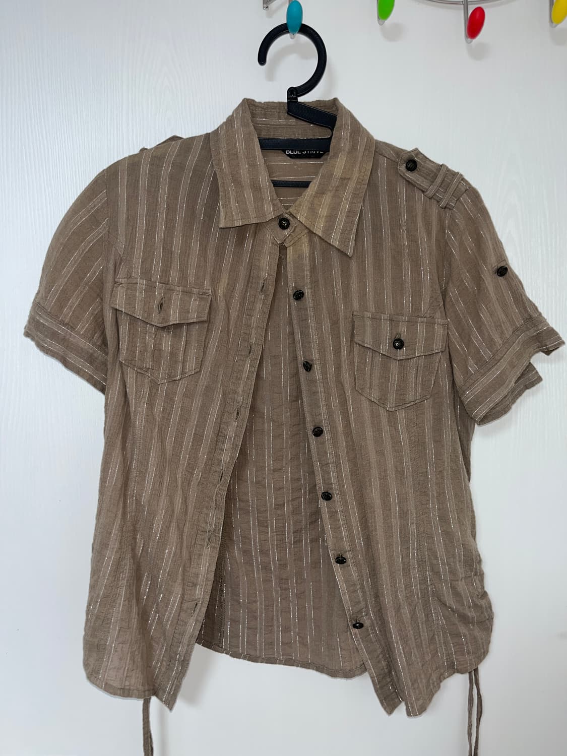 빈티지 카키 반팔 셔츠 사이드 셔링 상품이미지2