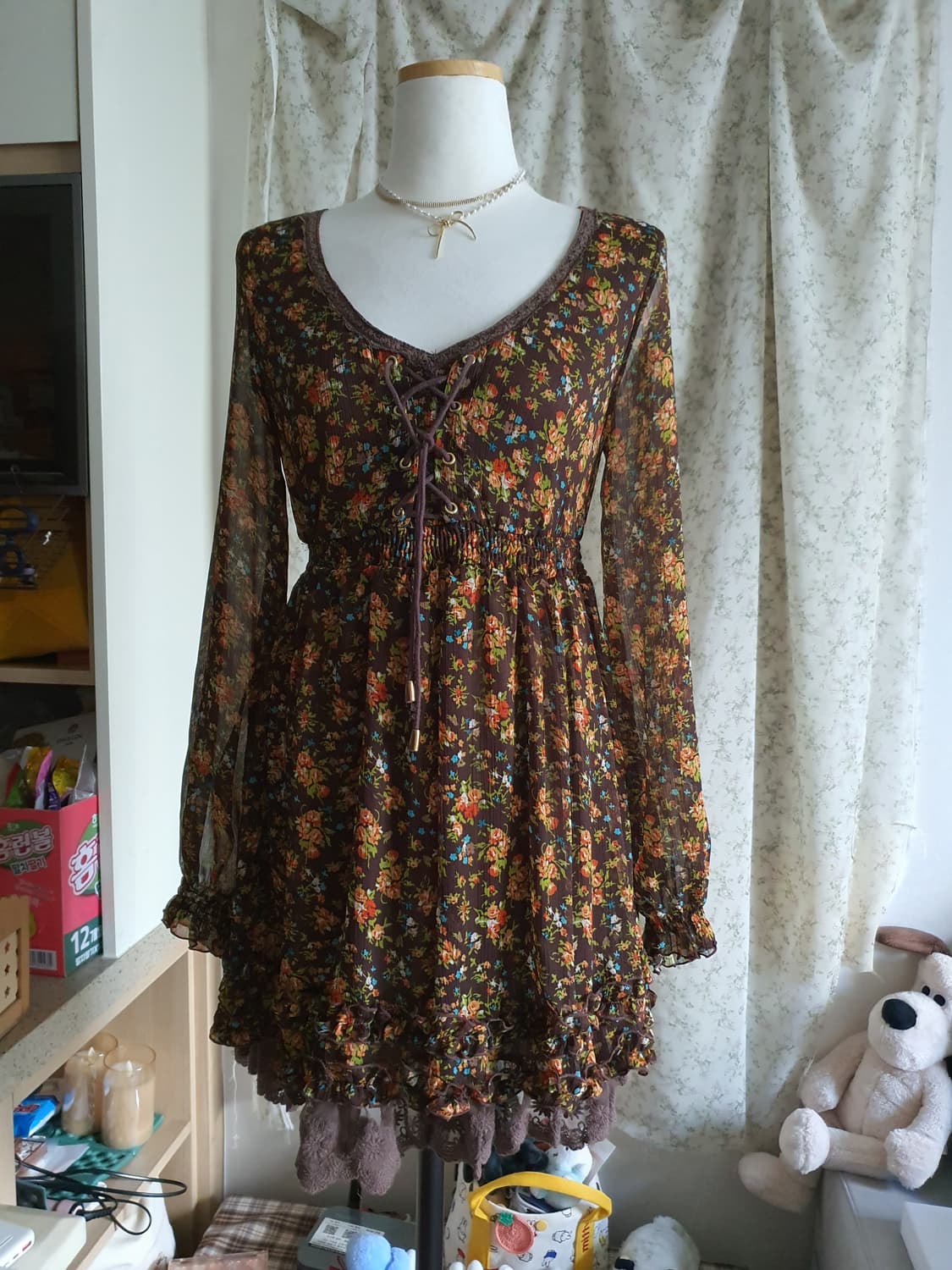 [히피룩] 플라워 패턴 롱 슬리브 쉬폰 미니 원피스 상품이미지1