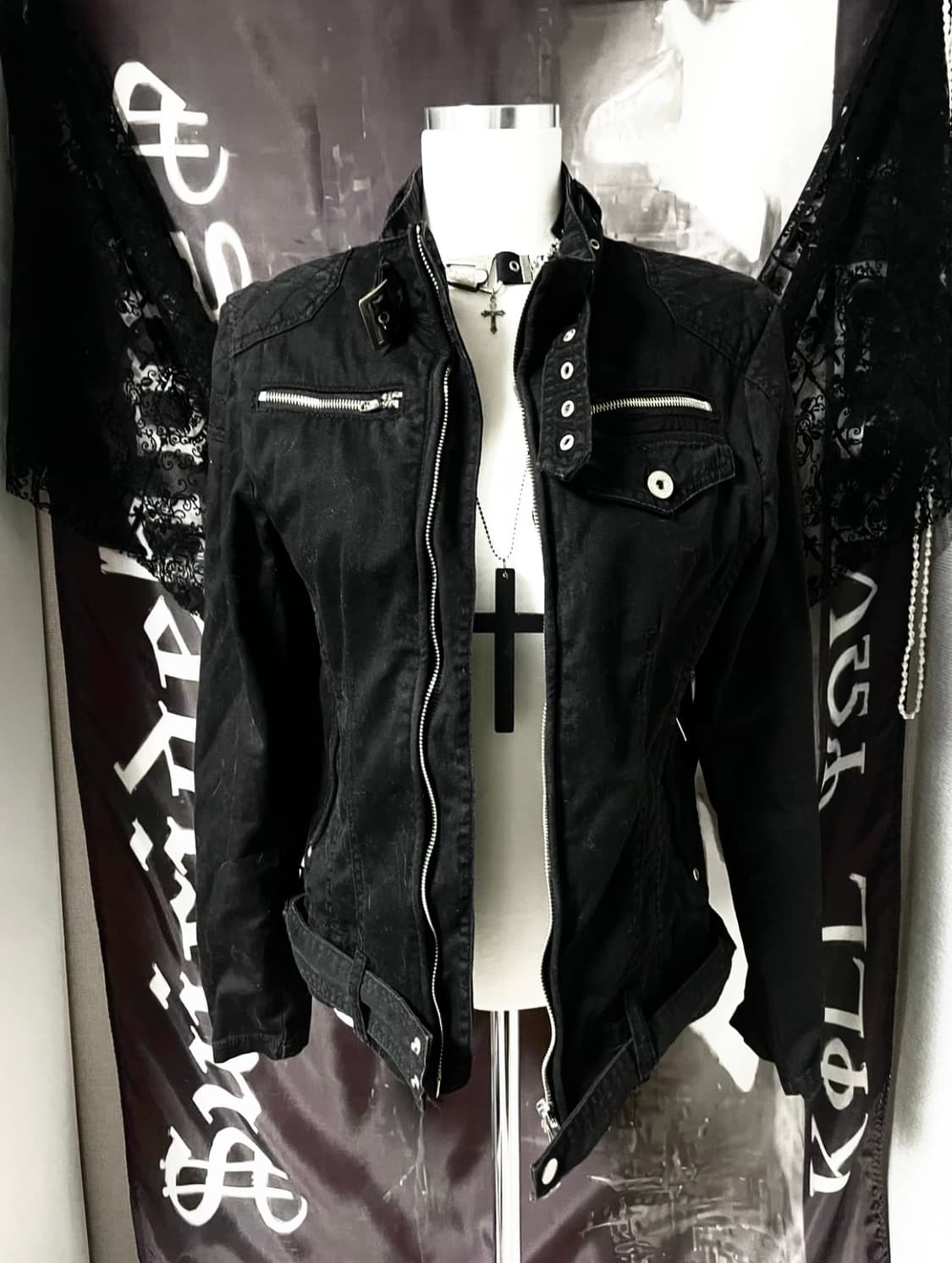 Vkei 00s 벨티드넥 지퍼 라이더 야상코튼자켓 다크웨어emo버커루맛 상품이미지1