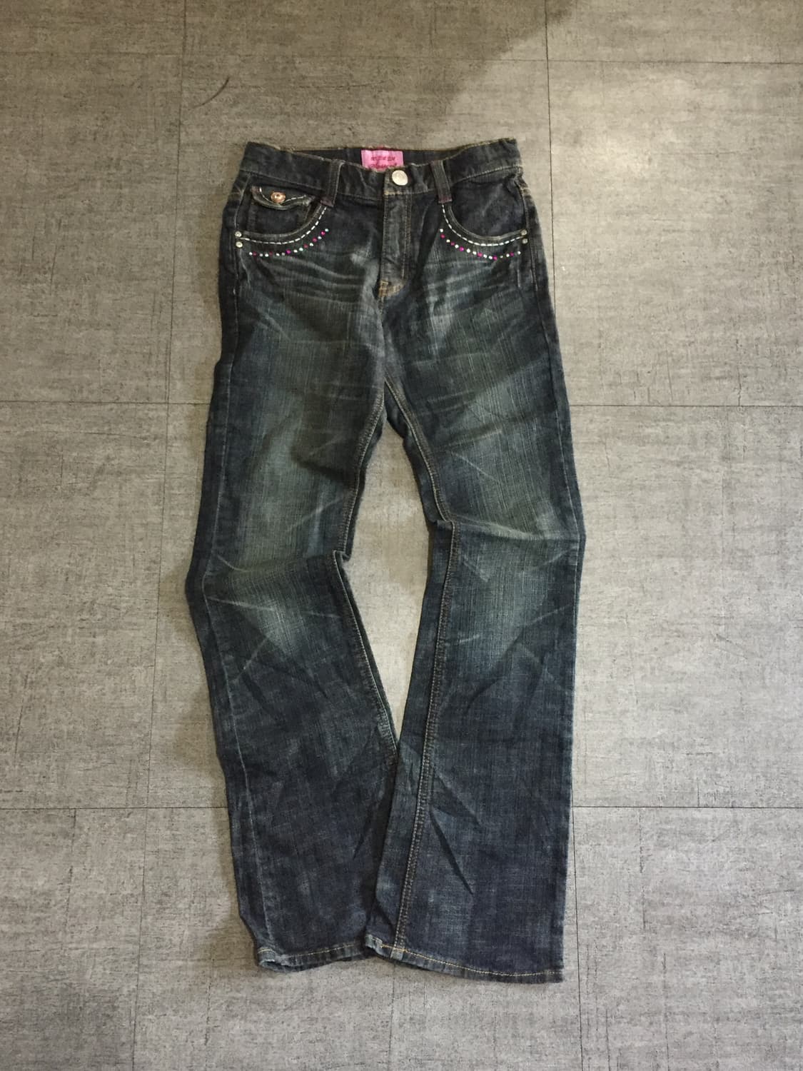 일본 Oolala 핀터깔y2k락펑크 웨스턴진주 데님부츠컷팬츠 상품이미지1