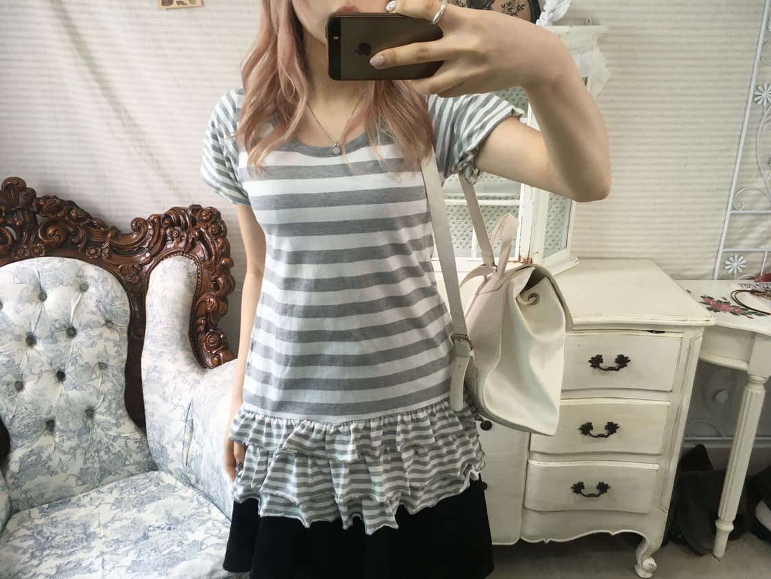 jpn vintage lovely puff stripe frill top 상품이미지3