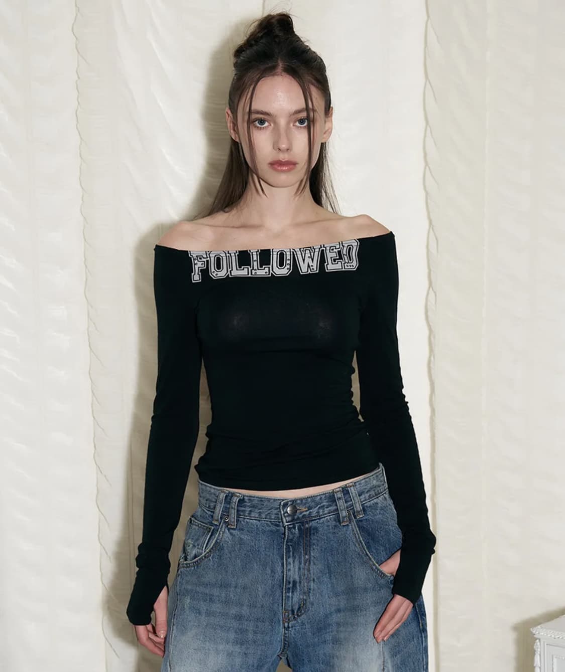 새상품, 택O) 플리즈노팔로우 팔로우드 스톤 탑 블랙 상품이미지1