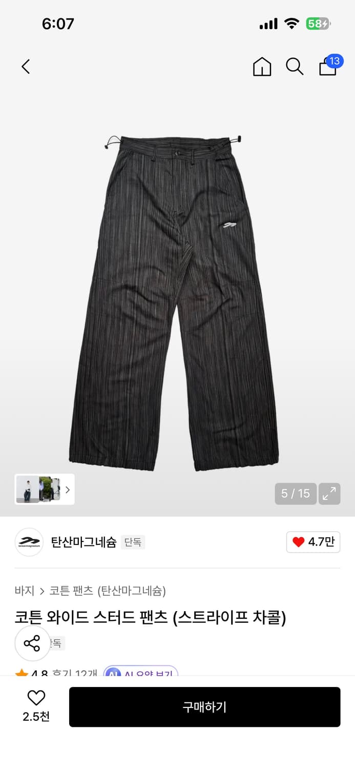 탄산마그네슘 코튼 와이드 스터드 팬츠 (스트라이프 차콜) 상품이미지1