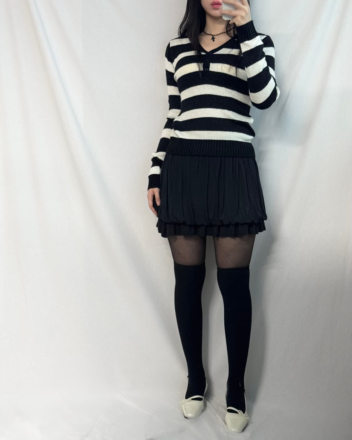 버튼 넥 글리터 니트 퍼프 밑단 스커트 2pcs SET 상품이미지2