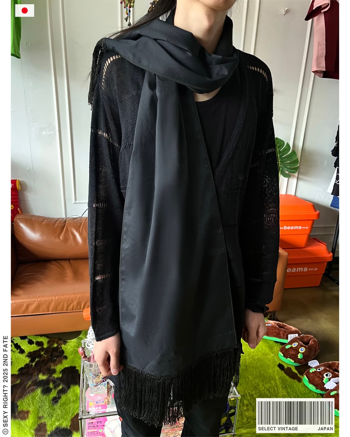 Jpn Vintage Tassel Trim Black Long Scarf 상품이미지1