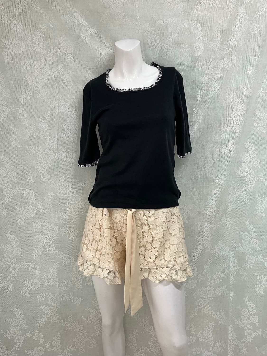 빈티지 레이스 펄 블랙 반팔 1104 모리걸 y2k 스트릿 갸루 펑키 일 상품이미지2