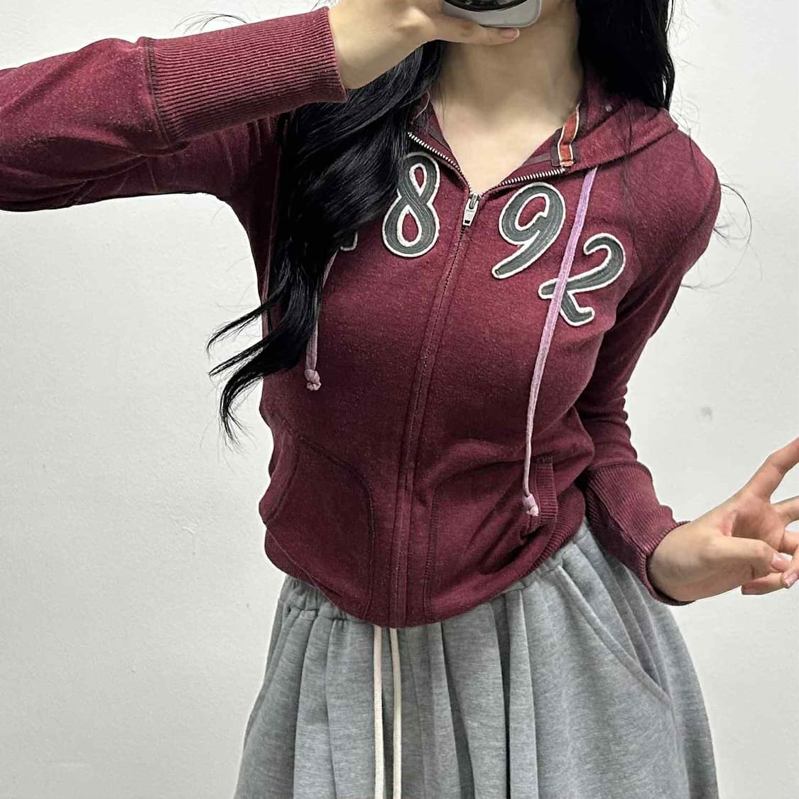 아베크롬비 y2k 여리핏 버건디 후드집업 희귀져지(M) 상품이미지1