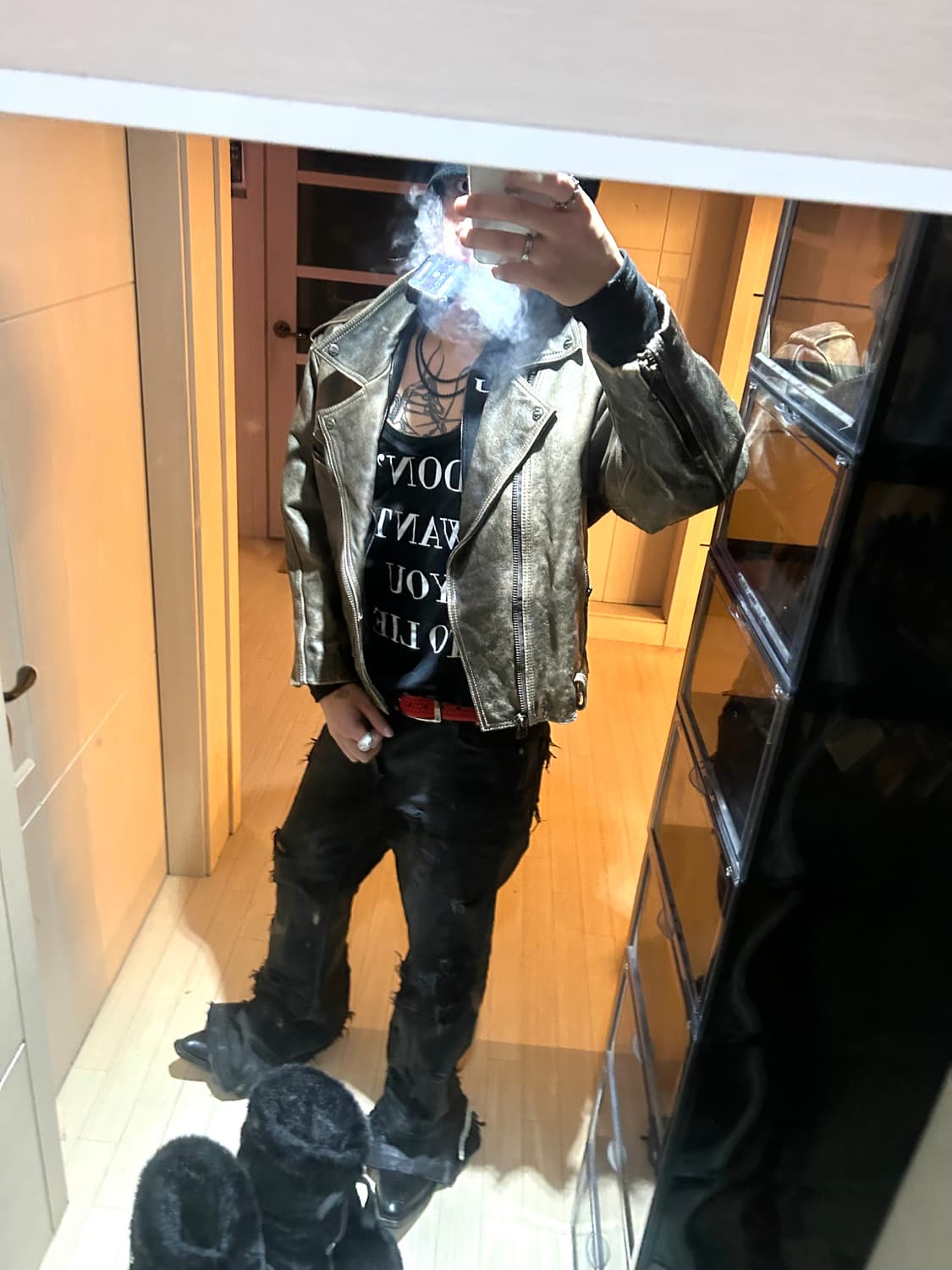 Cow Leather Washed Detail Biker Jacket 상품이미지9