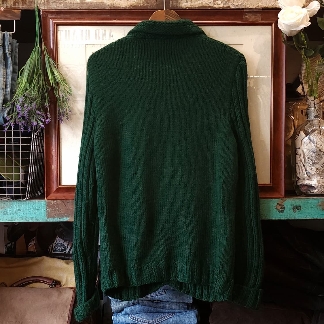 90s 프렌치 핸드메이드 울 가디건 스웨터 케이블 패턴 포레스트 그린 상품이미지3