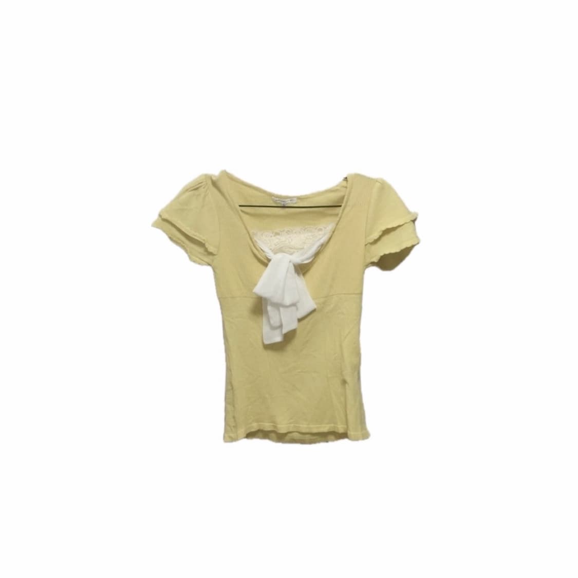 갸루) 빈티지 와투케 레이스 리본 포인트 반팔 니트 블라우스 옐로우 상품이미지1