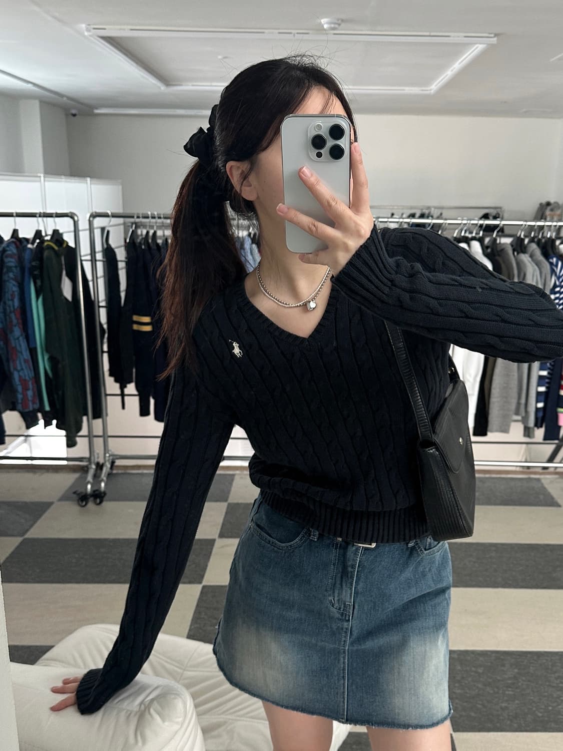 폴로 랄프로렌 블랙 V넥 케이블 니트  상품이미지2