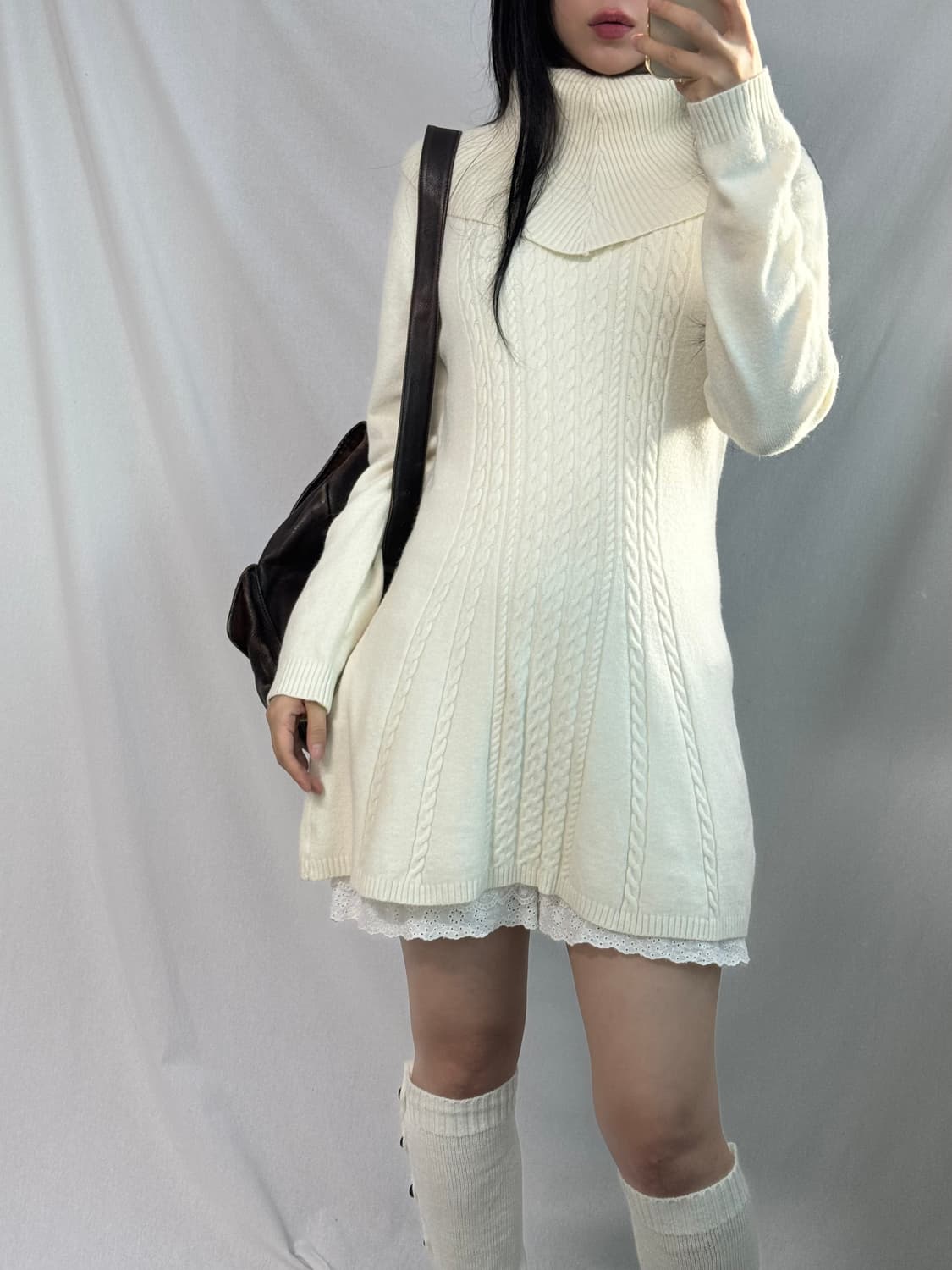 울 블렌디드 오프 숄더 폴라 넥 투웨이 케이블 니트 원피스 상품이미지3