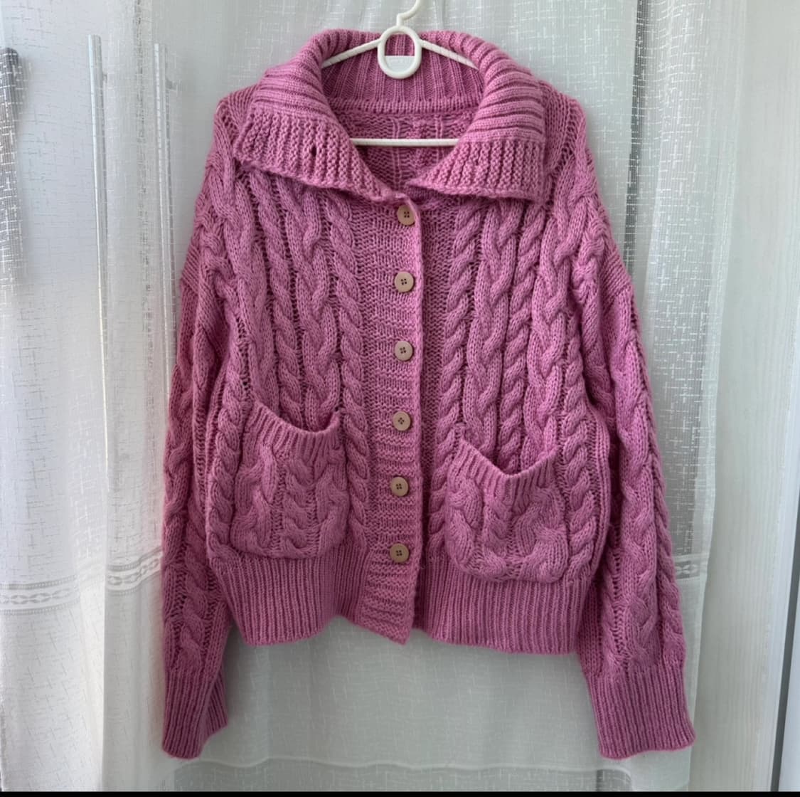니트 카라 가디건 핑크  주머니 모리걸 러블리 상품이미지1