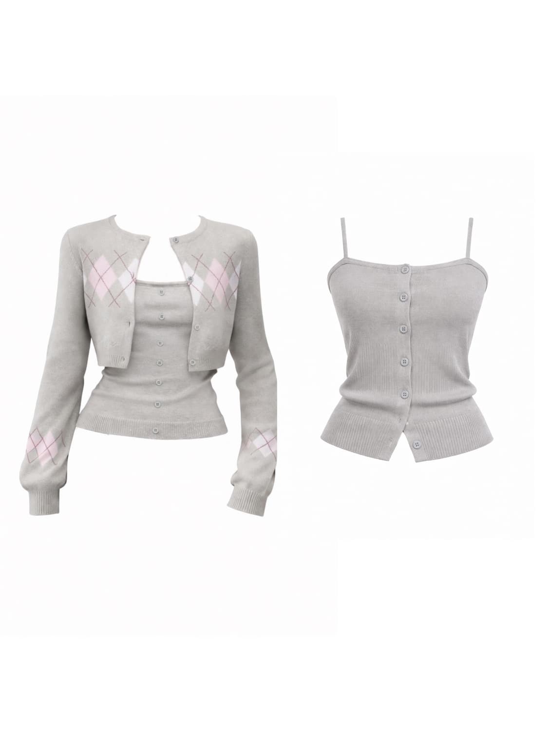 아가일 크롭 니트 가디건 투피스세트 ( 그레이 ) 상품이미지1