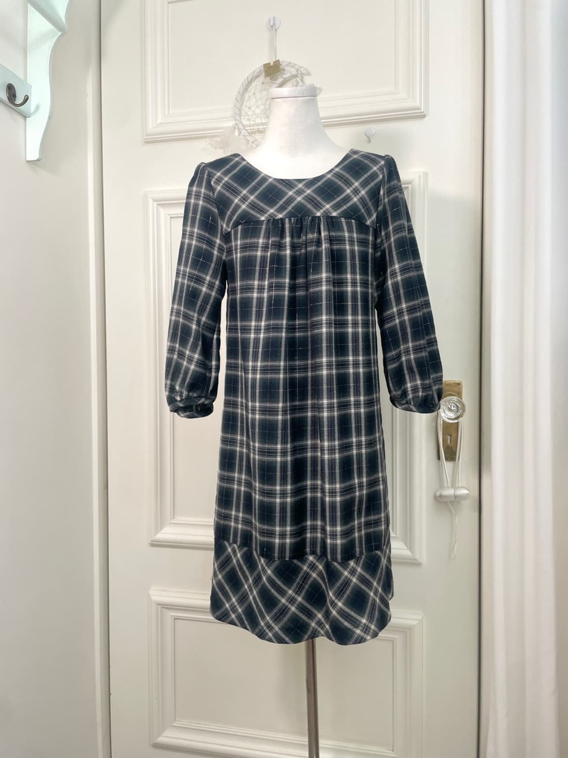 EARTH navy glitter check puff shirring m 상품이미지1