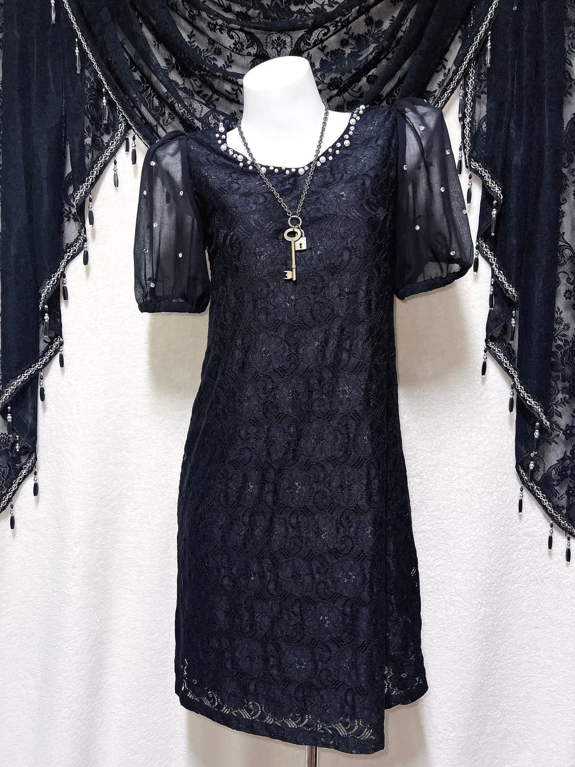 로맨틱고딕 고스 퍼프숄더 큐빅 블랙 레이스 드레스 원피스 다크페어리 핀터 상품이미지1