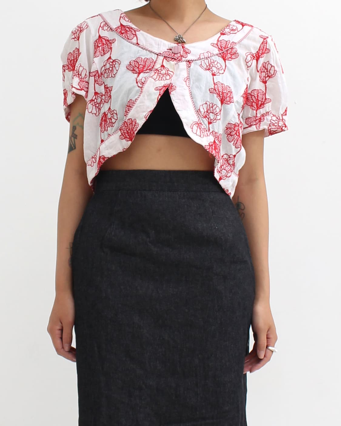 일본 빈티지 레드 자수 크롭 레이어드 블라우스 볼레로 상품이미지6