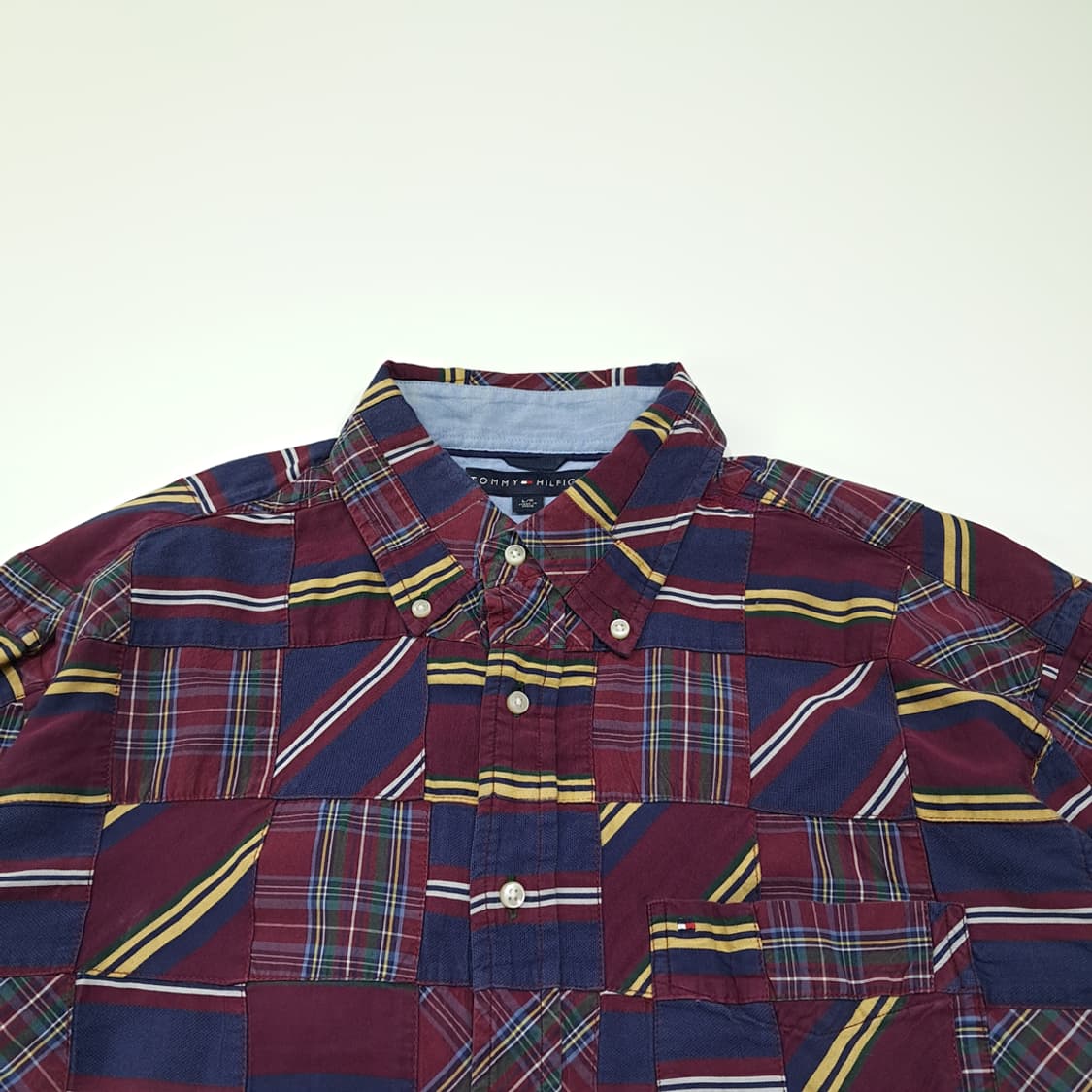 CK041 L 타미힐피거 90s 버건디 네이비 패치워크 셔츠 남방 상품이미지2